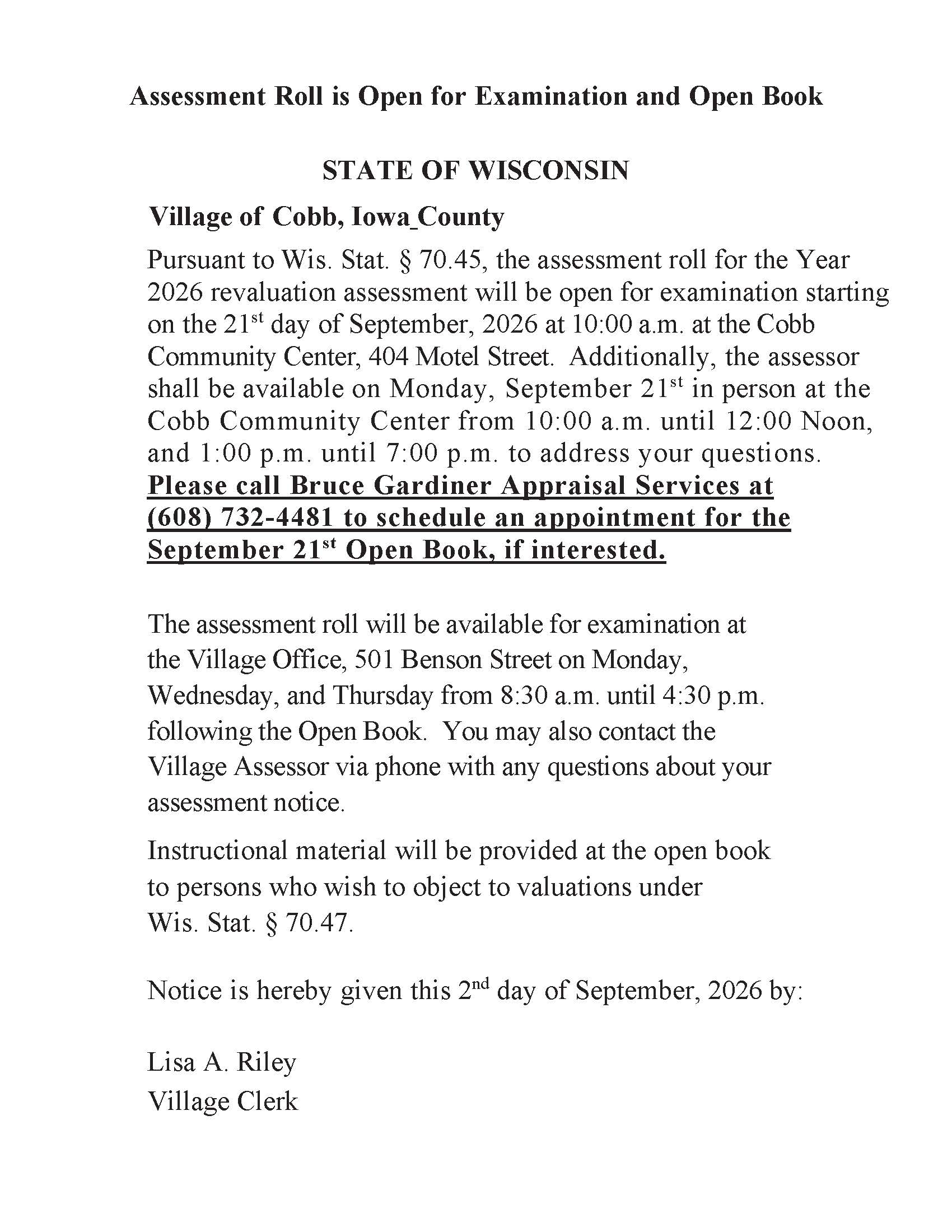 Open Book Notice - September 21, 2026